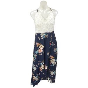 Shein White Blue Floral Crochet Knit Sleeveless Cross Back A Line Maxi Dress XL